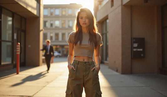 Chic wide-leg cargo pants styled with a fitted crop top and chunky sneakers for a trendy, laid-back look