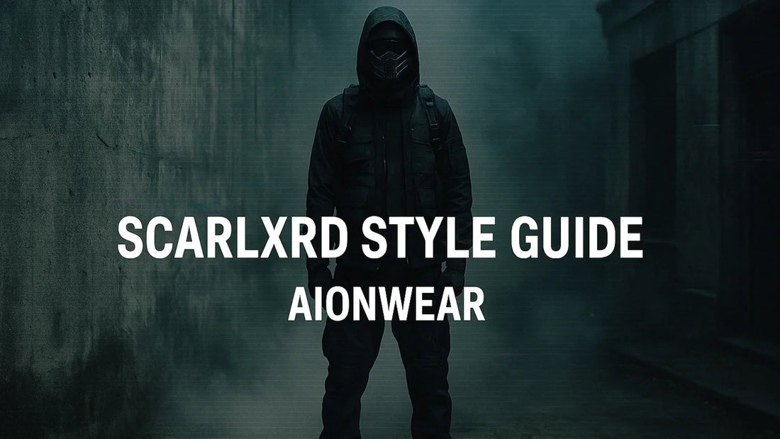Scarlxrd techwear outfit in urban alley with mask and blog title