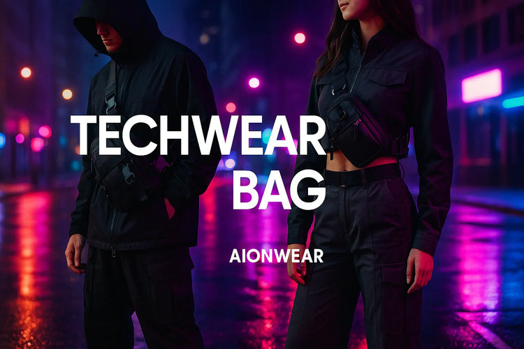 Male and female models wearing Aionwear Techwear Bags in a neon-lit urban street, styled with tactical outfits for the Techwear Bag collection banner.
