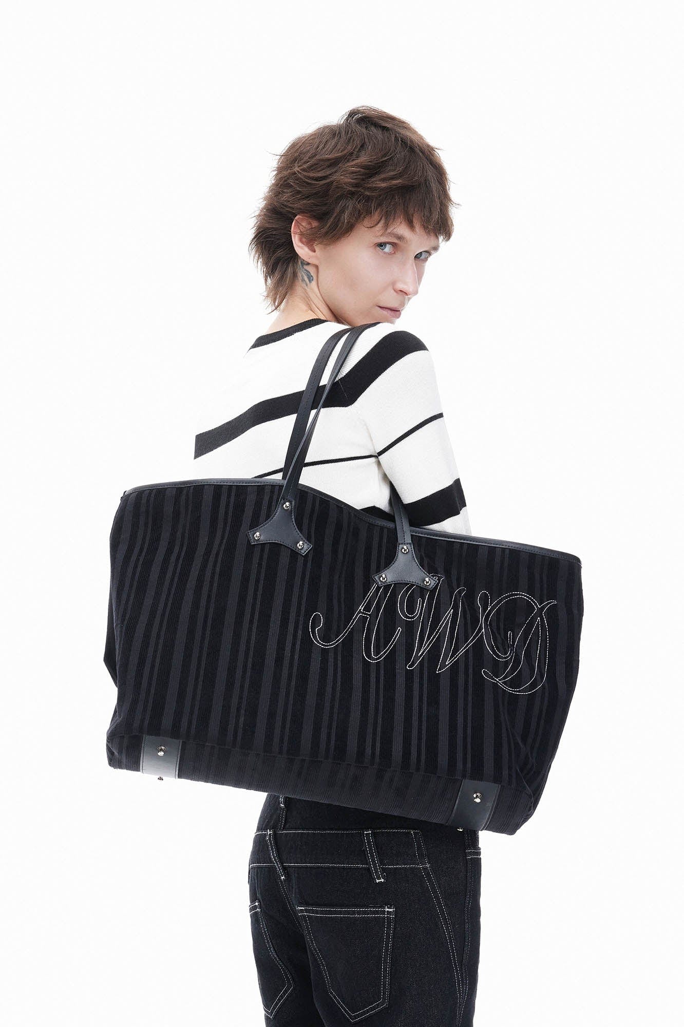 Stylish Corduroy & Leather Bag