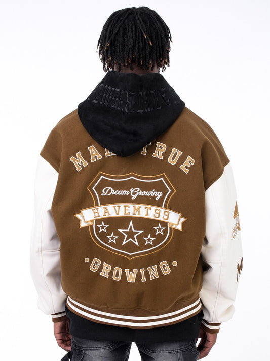Brown varsity jacket