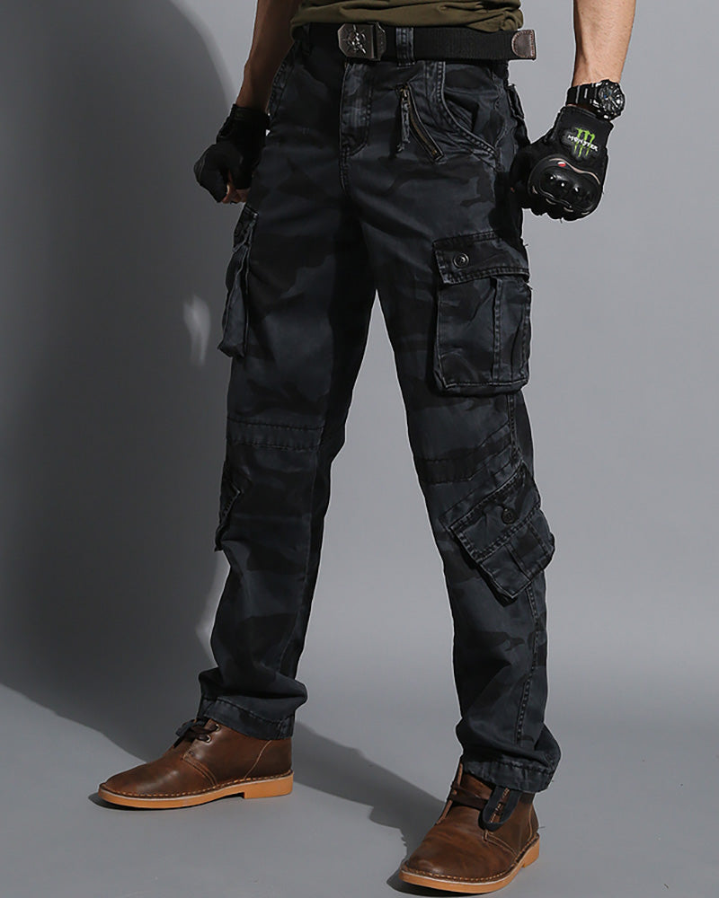 Stealthy Black Camo Cargo Trousers