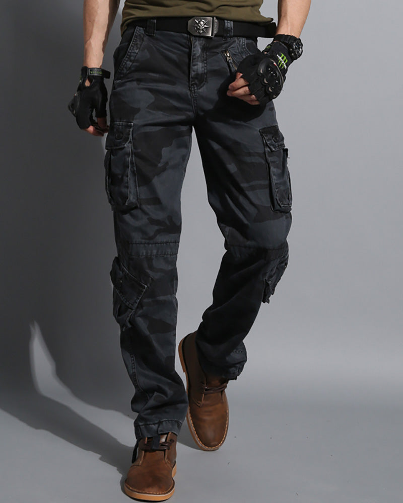 Stealthy Black Camo Cargo Trousers