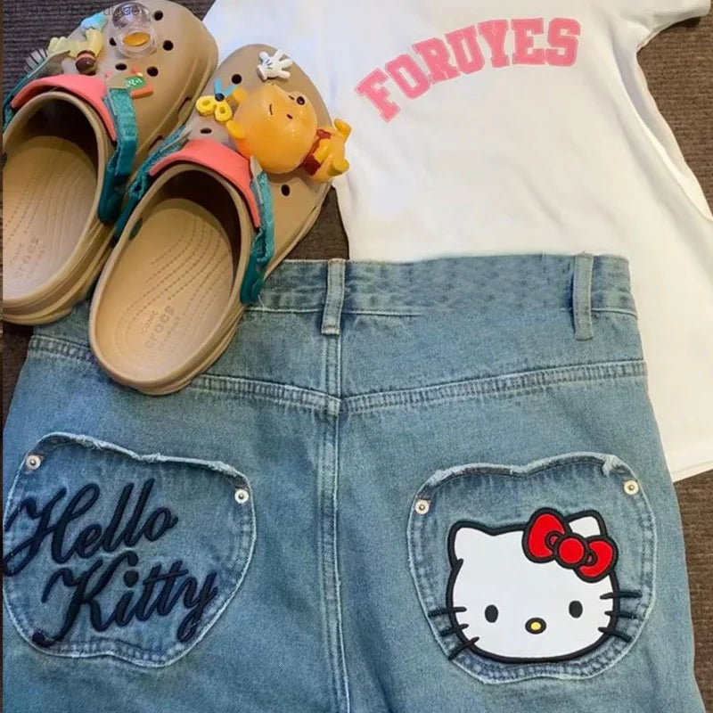 Y2K Style Denim Jeans with Hello Kitty Design