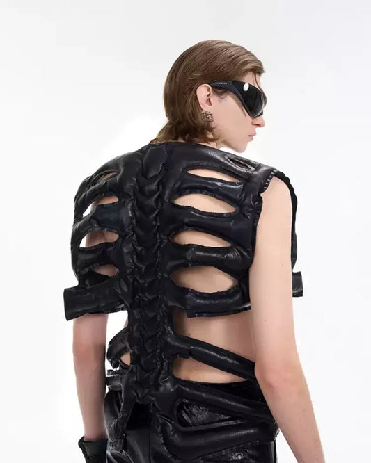 Chic Hollow PU Vest - techwear vest - Stylish Hollow PU Vest for Techwear Enthusiasts