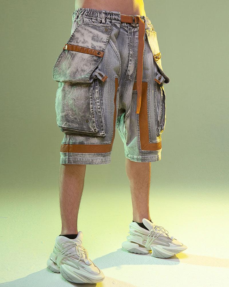 Futuristic Cargo Denim Shorts