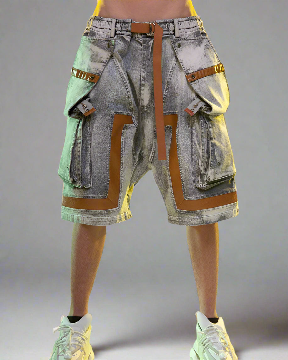 Futuristic Cargo Denim Shorts