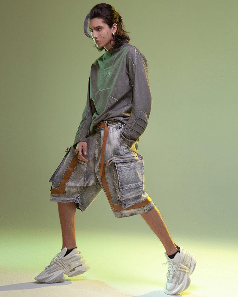 Futuristic Cargo Denim Shorts