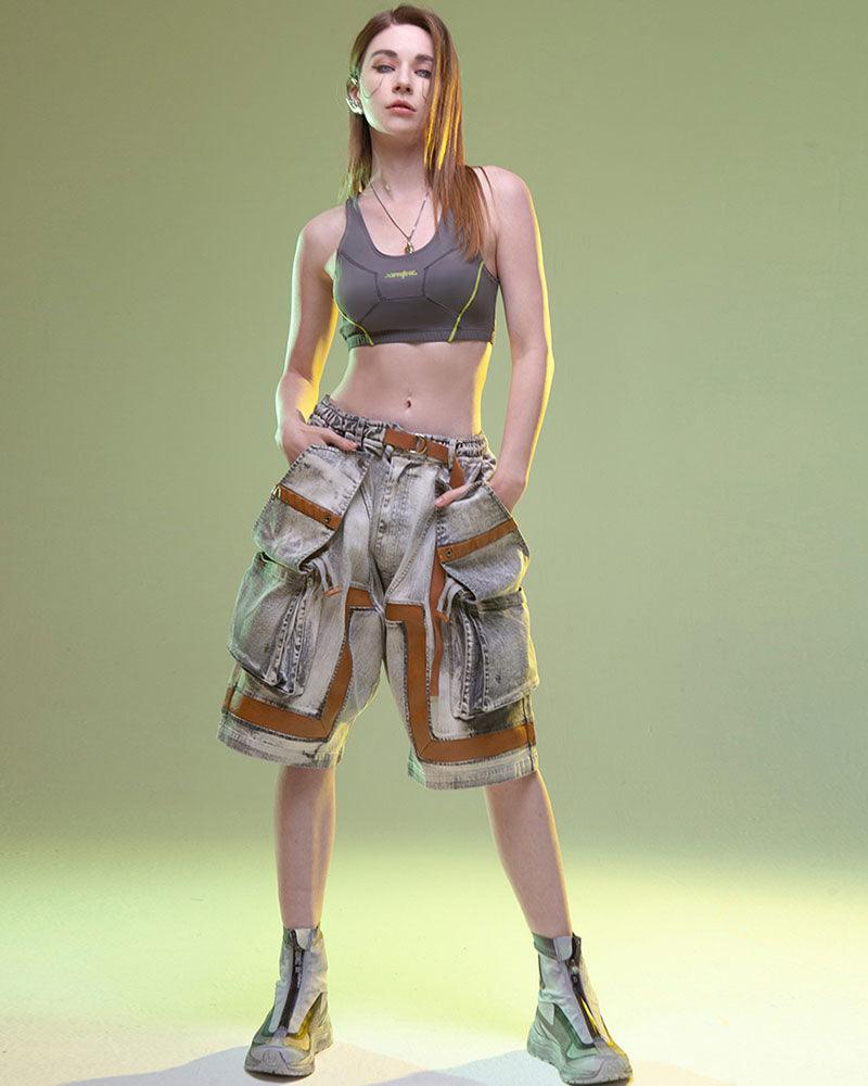 Futuristic Cargo Denim Shorts