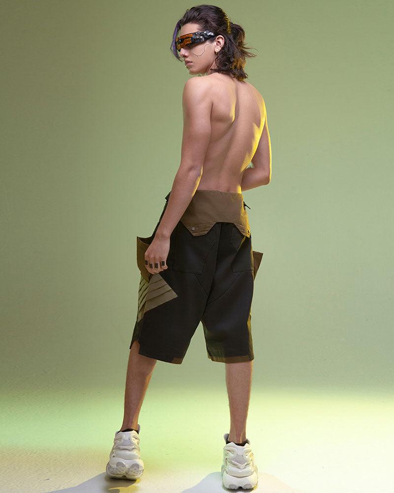 Futuristic Washed Denim Cargo Shorts