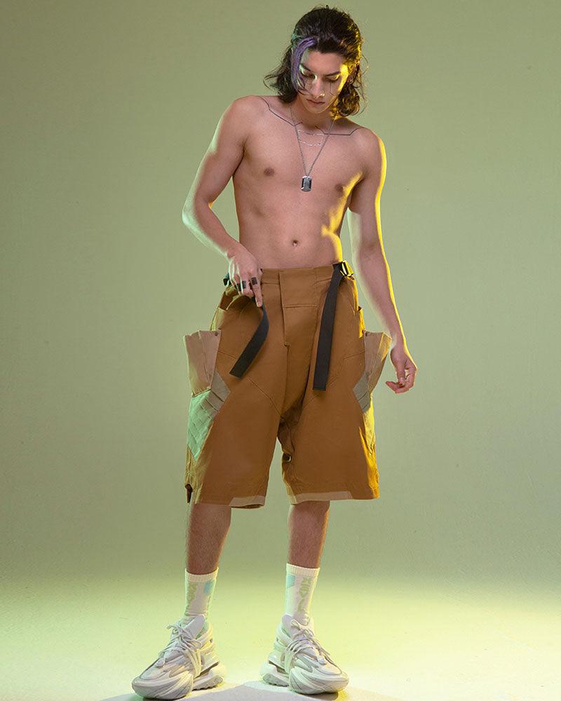 Futuristic Washed Denim Cargo Shorts