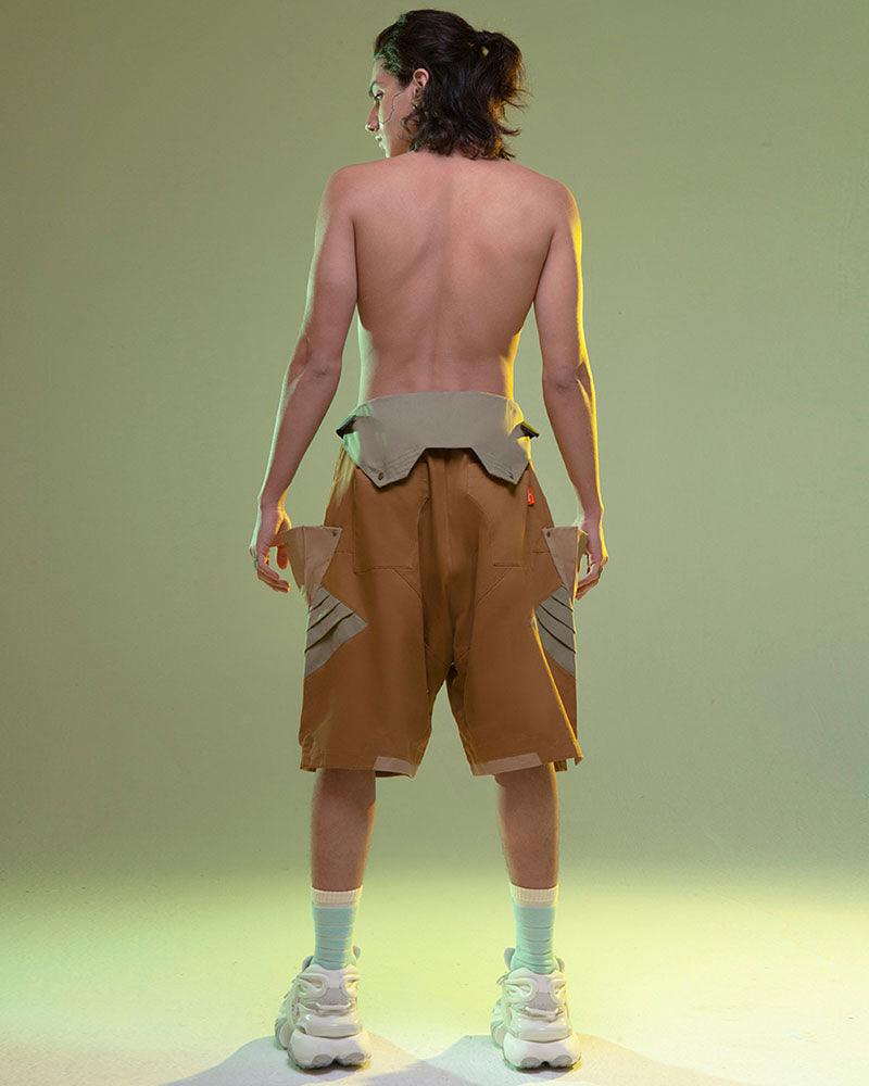 Futuristic Washed Denim Cargo Shorts