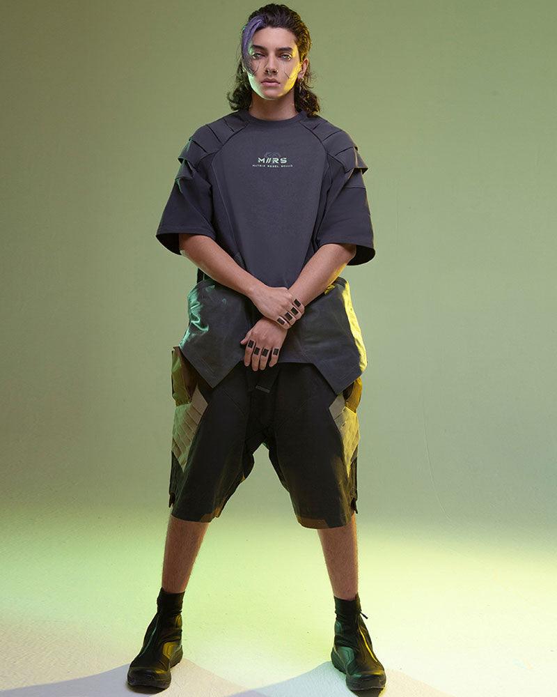Futuristic Washed Denim Cargo Shorts