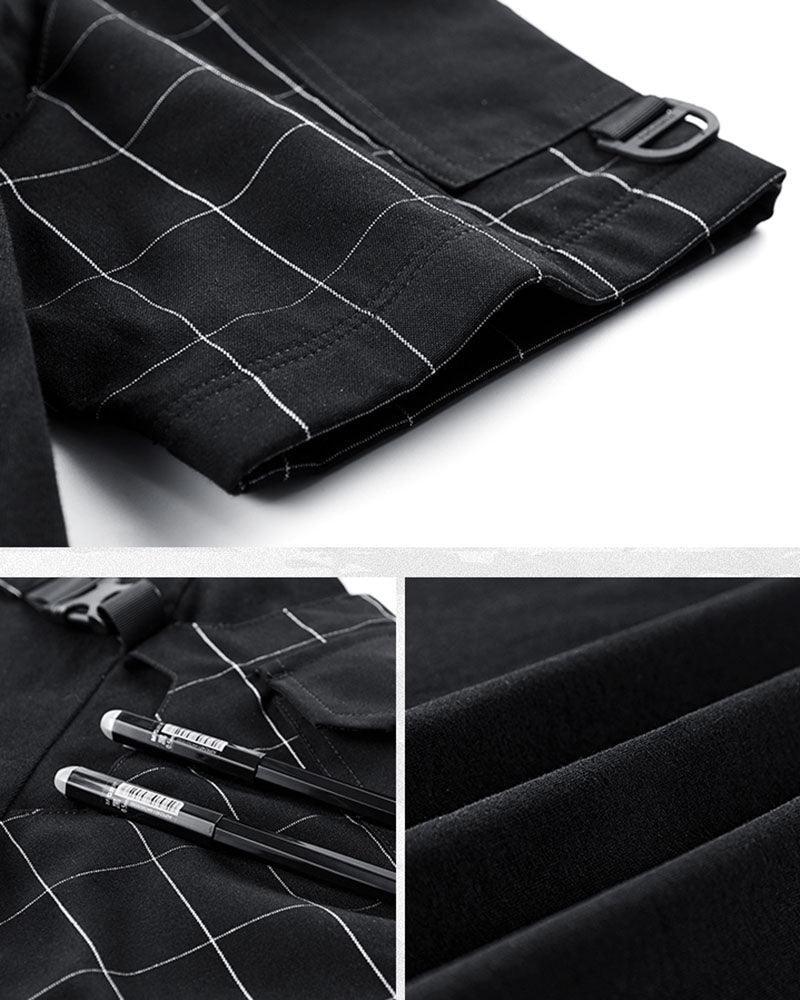 Dynamic Plaid Techwear T-Shirt - techwear shirt - Stylish Plaid Techwear T-Shirt with Adjustability