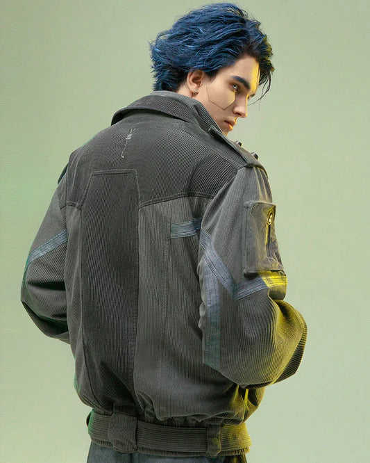 Edgy Corduroy Jacket for Rebels - techwear-core - Edgy Dark Gray Corduroy Jacket for Urban Style