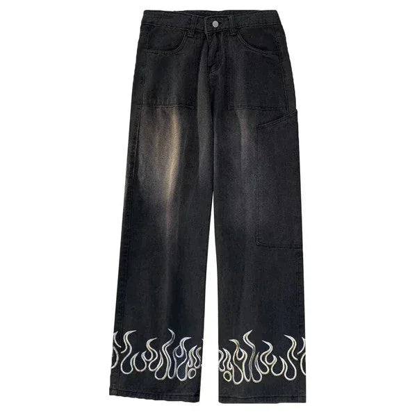 Flame Jeans - unisex - Flame Print Oversized Jeans for Streetwear