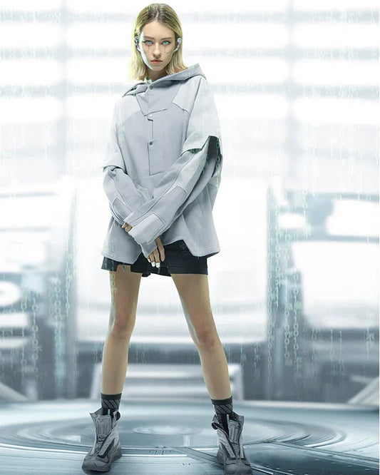 Futuristic Ghost Patchwork Hoodie - techwear apparel - Futuristic Ghost Patchwork Hoodie for Comfort