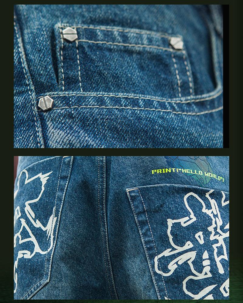 Futuristic Laser-Cut Denim Pants - streetwear - Futuristic Laser-Cut Denim Pants for Modern Style