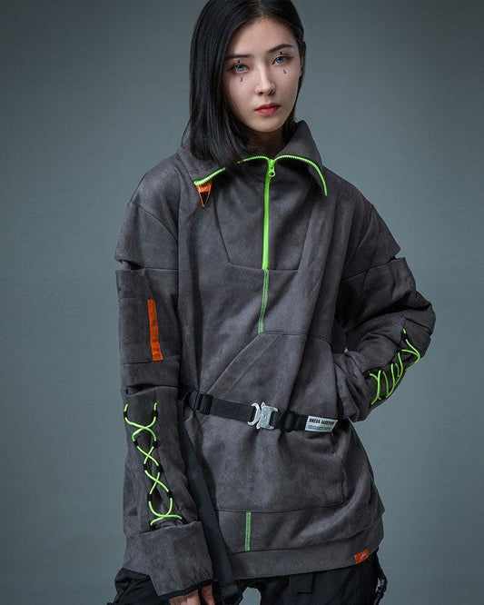 Futuristic Suede Turtleneck Hoodie - techwear apparel - Futuristic Suede Turtleneck Hoodie for Comfort
