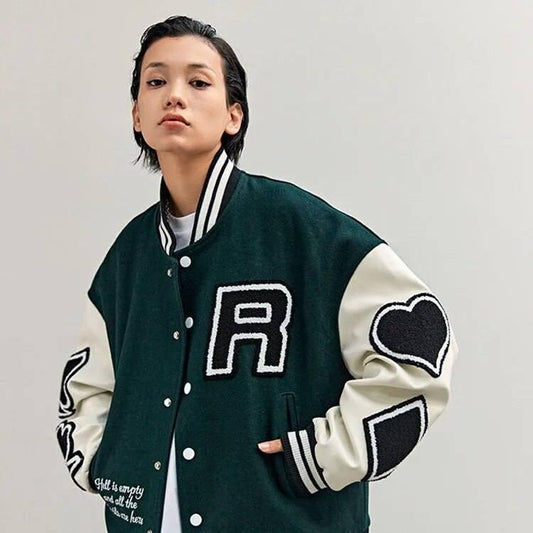 Green varsity jacket - y2k jackets - Green Varsity Jacket for Y2K Streetwear Style