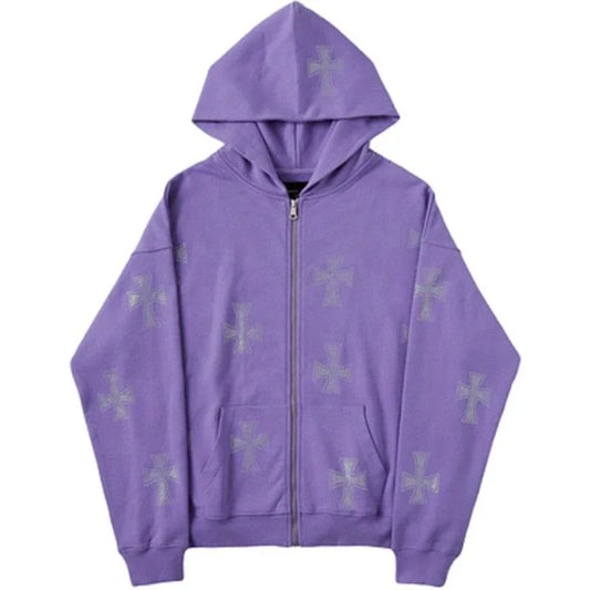 Hoodie with Shiny Rhinestone Cross - y2k streetwear hoodie - Gothic Unisex Hoodie with Rhinestone Cross Detail