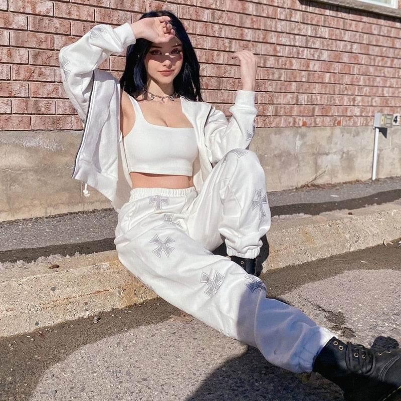 Jogging with Rhinestone Crosses - y2k-core - Rhinestone Cross Jogging Pants for Casual Style