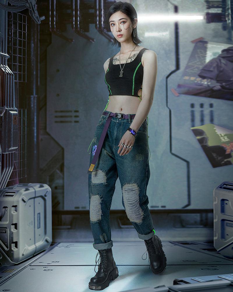 Futuristic Laser-Cut Denim Pants