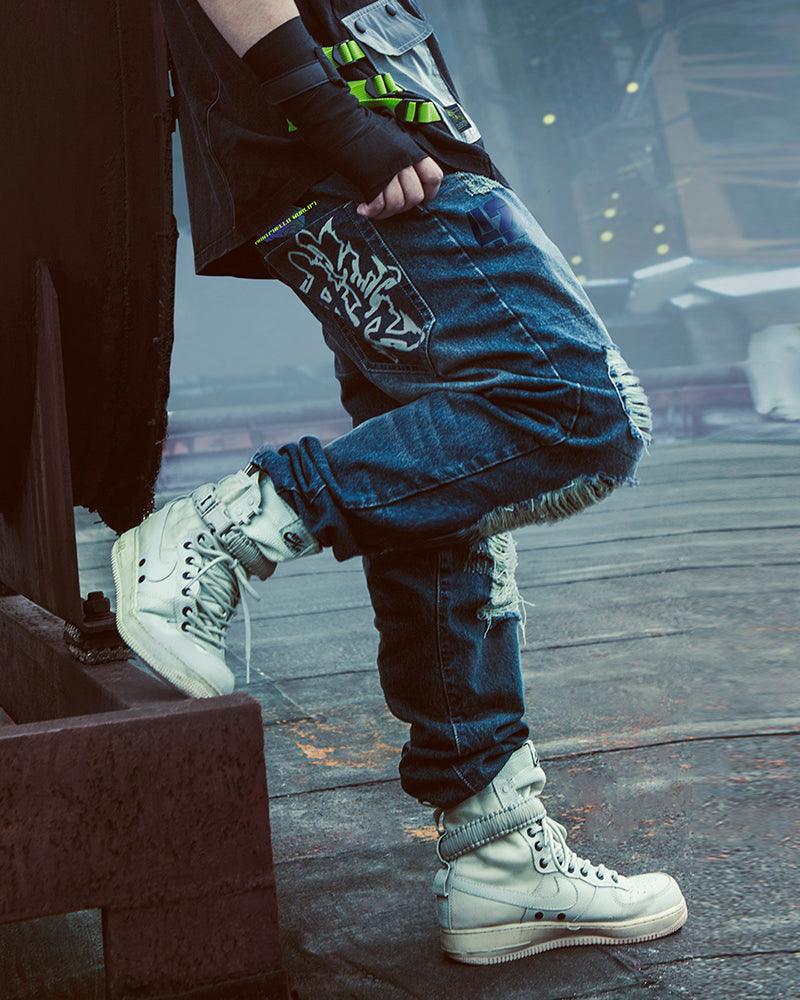 Futuristic Laser-Cut Denim Pants