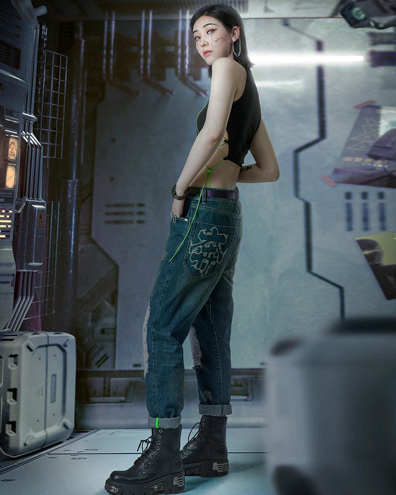 Futuristic Laser-Cut Denim Pants