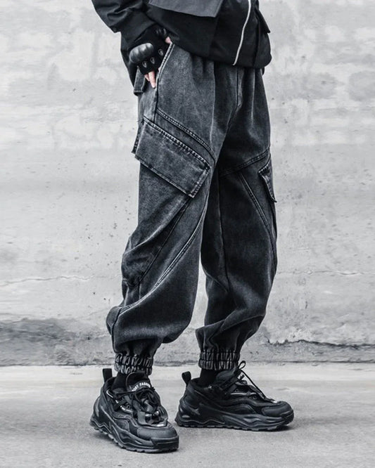 Sleek Black Denim Cargo Trousers - urban style pants - Stylish Black Denim Cargo Trousers for All