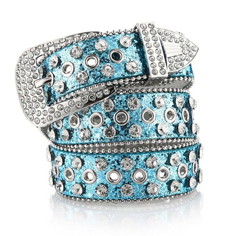 Sparkling Blue Rhinestone Belt - durable leather belt - Stylish Rhinestone Leather Belt for Any Outfit