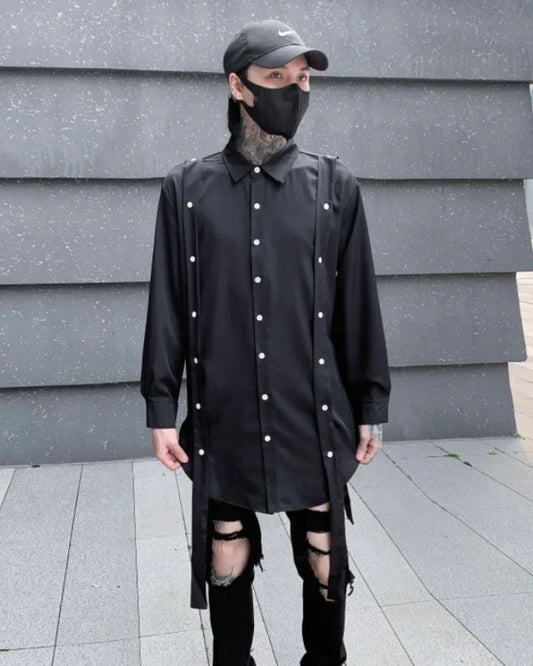 Stylish Ribbon-Trim Oversized Top - techwear shirt - Oversized Techwear Shirt with Ribbon Trim