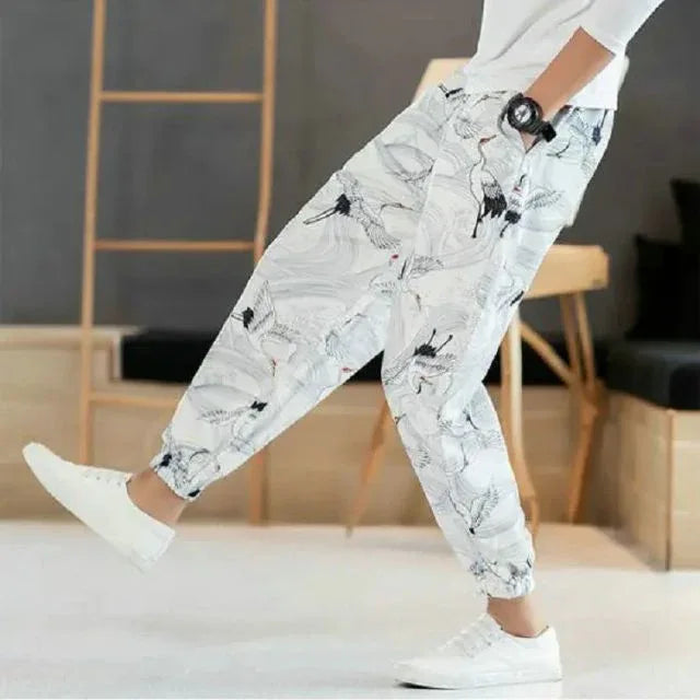 Ultimate Comfort Jogger Pants - hakama style - Artistic Crane Hakama Jogger Pants for Comfort