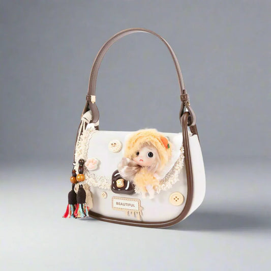 Whimsical Fairy Doll Satchel - vintage-fantasy saddle bag - Vintage Fantasy Doll Satchel in Cream and Brown