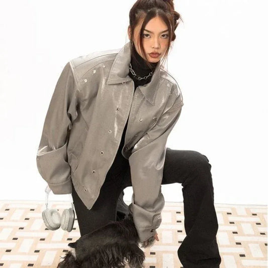 Y2K Leather Jacket - retro-futuristic jacket - Y2K Leather Jacket for Timeless Style