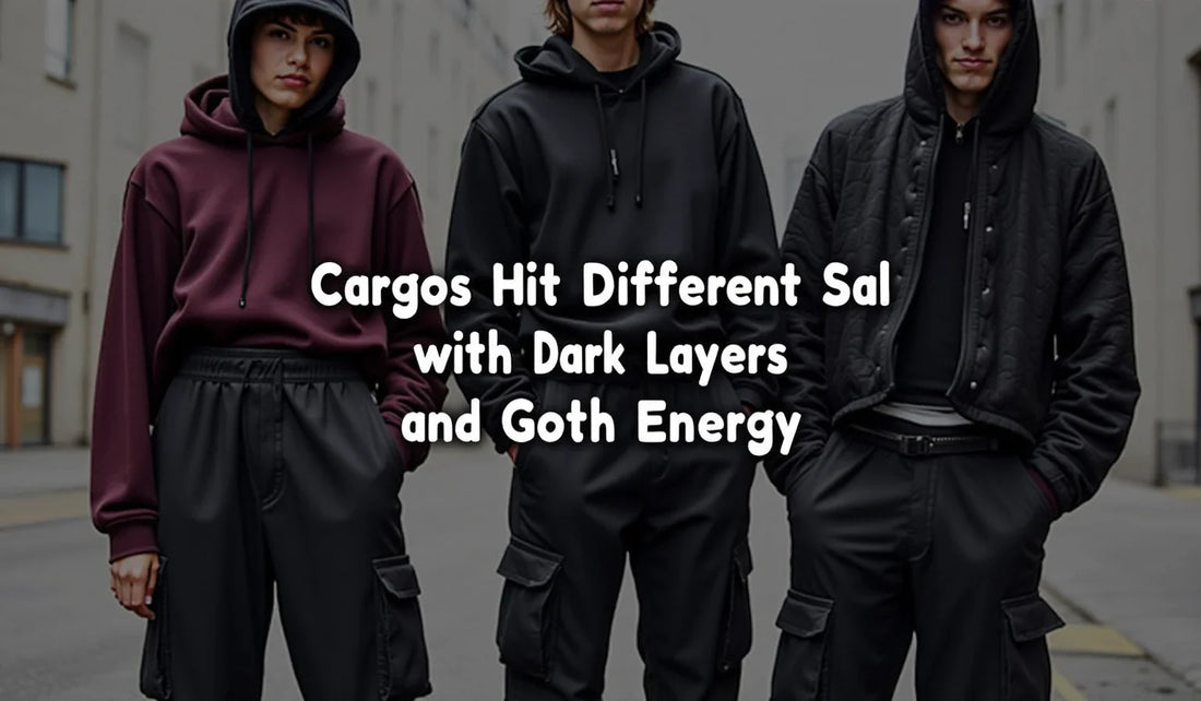 Cargo pants paired with dark layers exude a goth vibe, featuring oversized silhouettes and moody textures