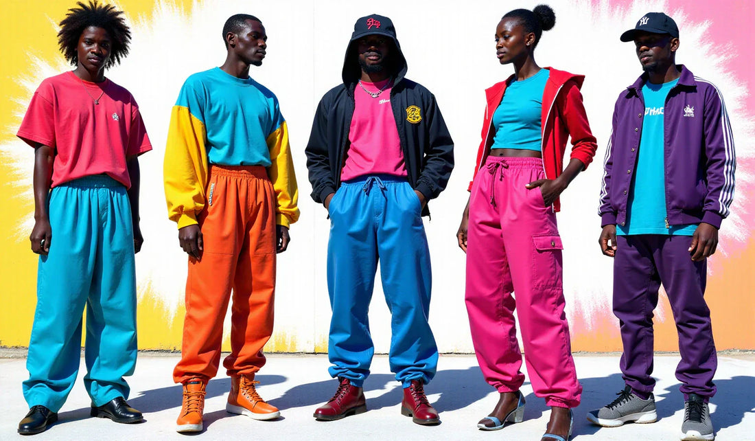 Baggy parachute pants paired with a graphic tee and chunky sneakers create a trendy streetwear aesthetic