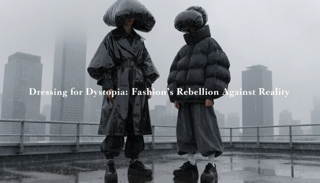 Urban backdrop with abstract models in tactical outfits, showcasing utility and dark palettes, as "Dressing for Dystopia" title centers