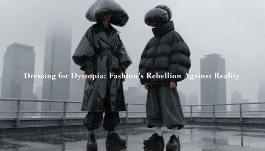 Urban backdrop with abstract models in tactical outfits, showcasing utility and dark palettes, as "Dressing for Dystopia" title centers