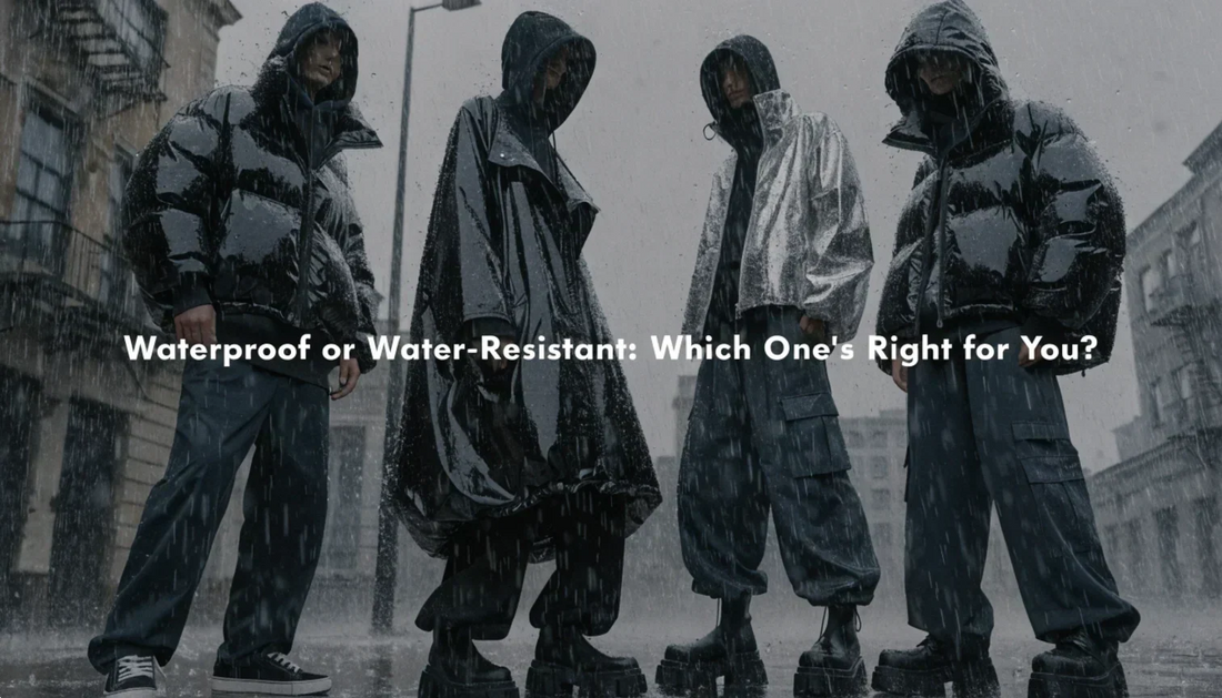 Urban streetwear models showcase sleek, water-resistant outerwear layered over hoodies in a rain-drenched cityscape, capturing a moody, Y2K-inspired vibe with dark tones and modern aesthetics