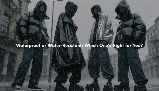 Urban streetwear models showcase sleek, water-resistant outerwear layered over hoodies in a rain-drenched cityscape, capturing a moody, Y2K-inspired vibe with dark tones and modern aesthetics