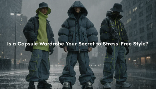 a minimalist urban setting with abstract models in layered streetwear outfits