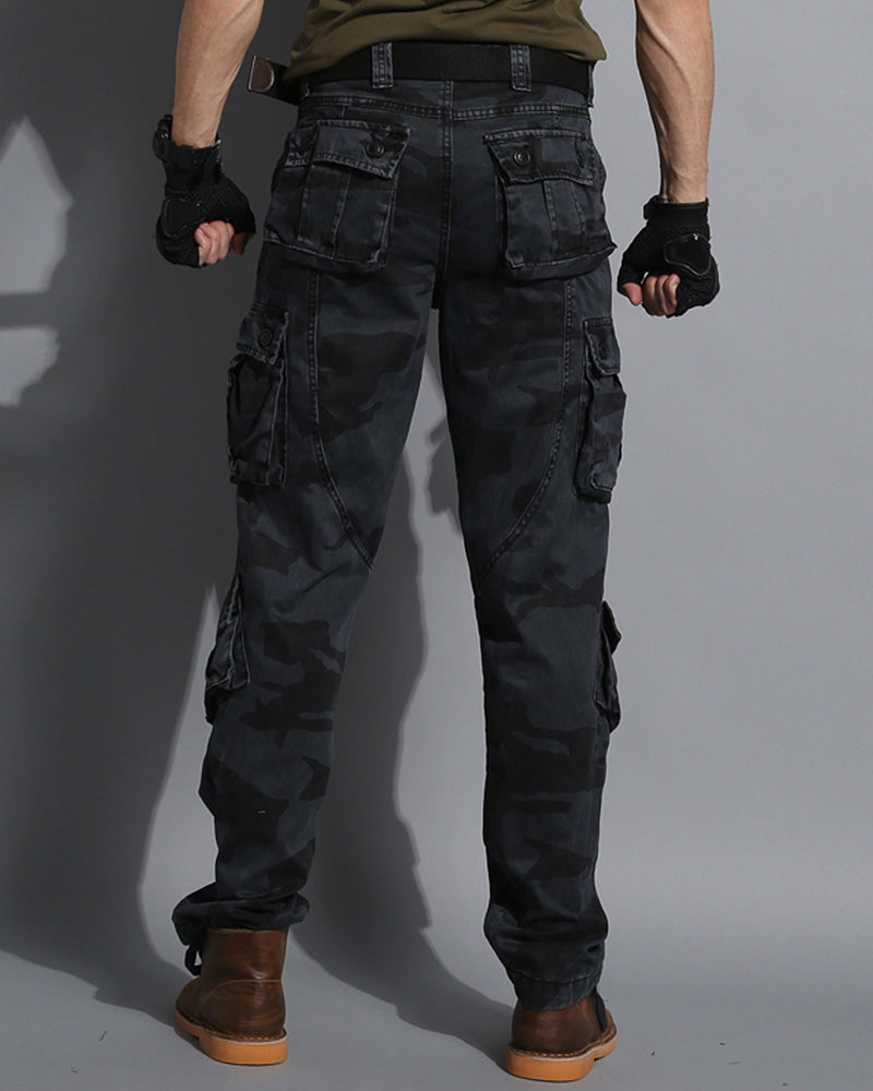 Stealthy Black Camo Cargo Trousers