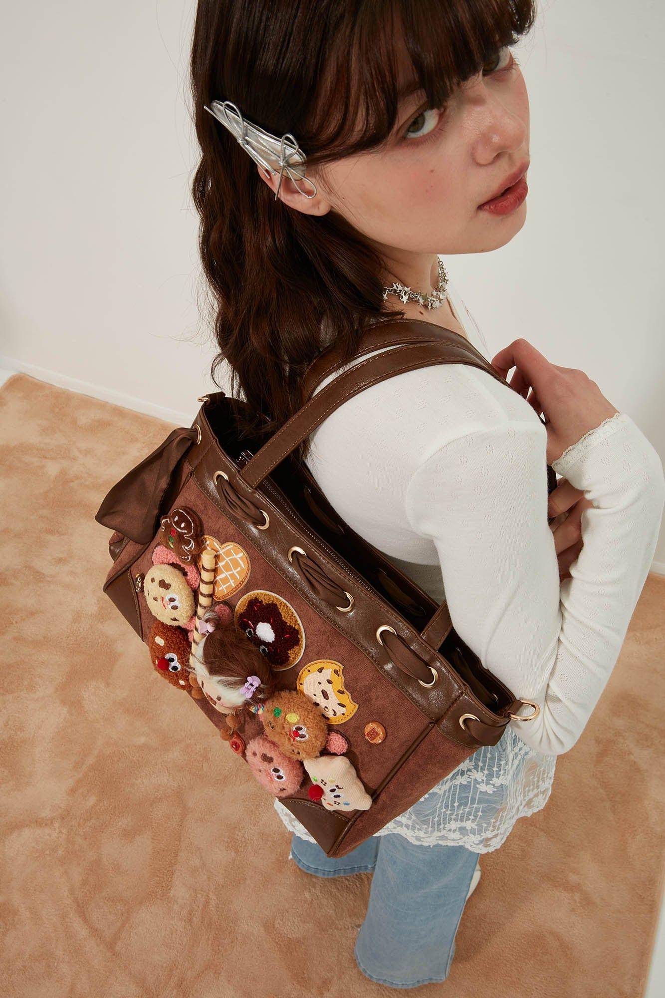 Adorable Plush Doll Tote -  adjustable shoulder strap - Charming Plush Doll Tote with Dessert Accents