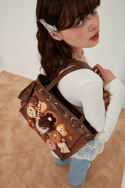 Adorable Plush Doll Tote -  adjustable shoulder strap - Charming Plush Doll Tote with Dessert Accents