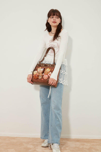Adorable Plush Doll Tote -  crossbody tote - Charming Plush Doll Tote with Dessert Accents