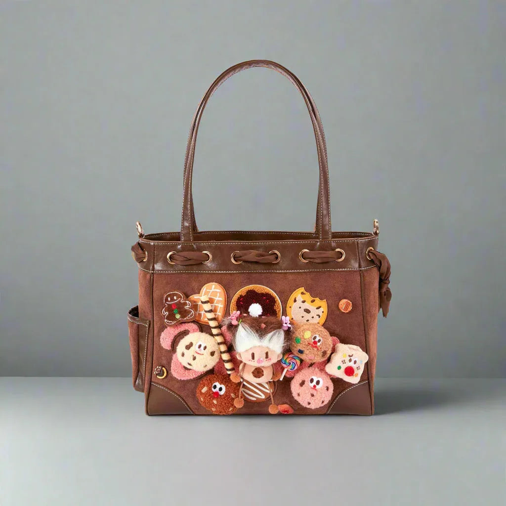 Adorable Plush Doll Tote - playful suede tote - Charming Plush Doll Tote with Dessert Accents