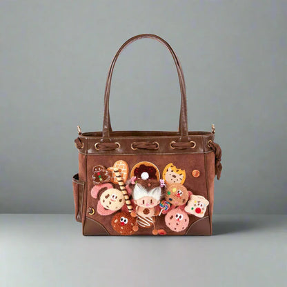 Adorable Plush Doll Tote - playful suede tote - Charming Plush Doll Tote with Dessert Accents