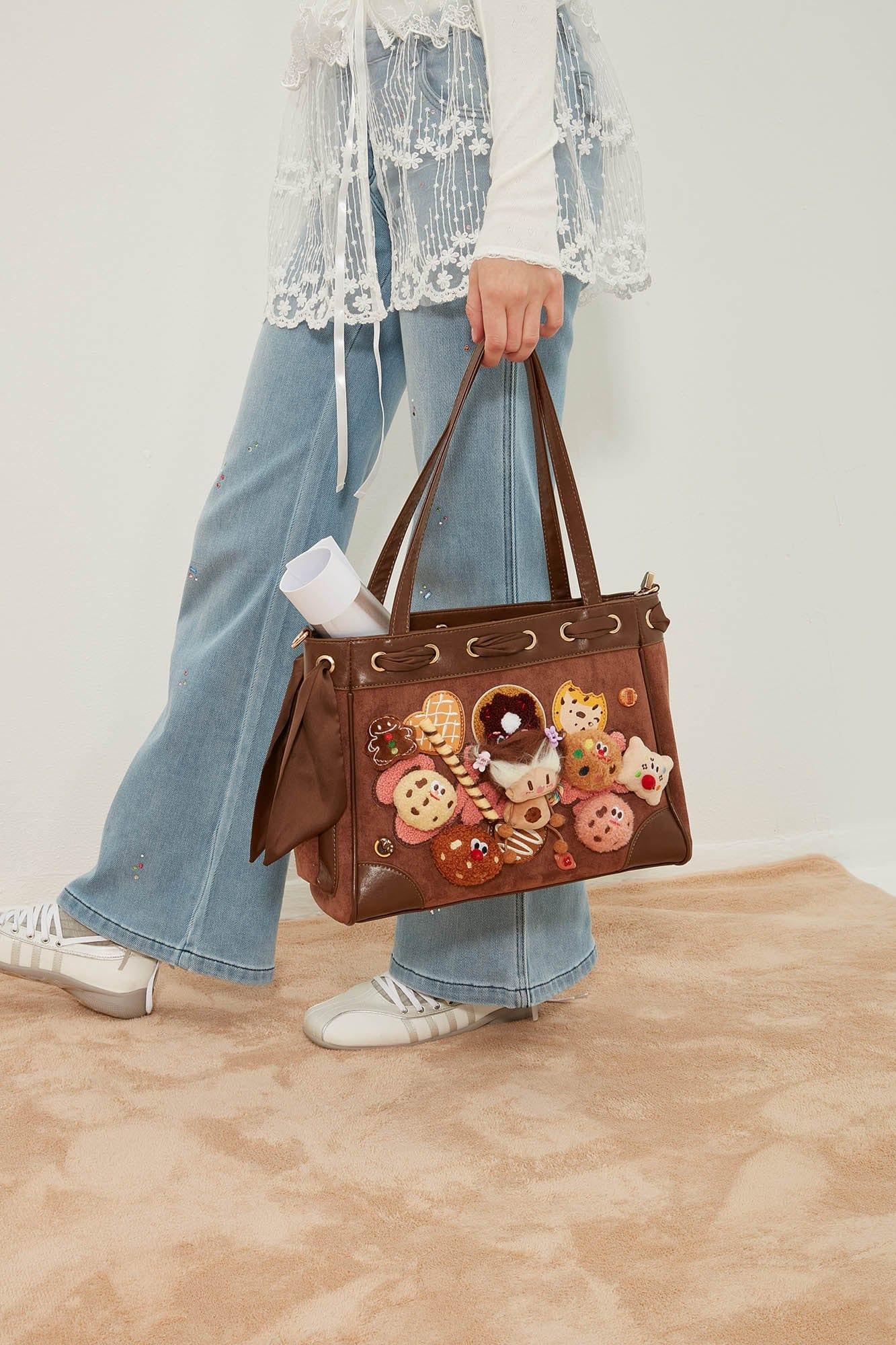 Adorable Plush Doll Tote - playful suede tote - Charming Plush Doll Tote with Dessert Accents