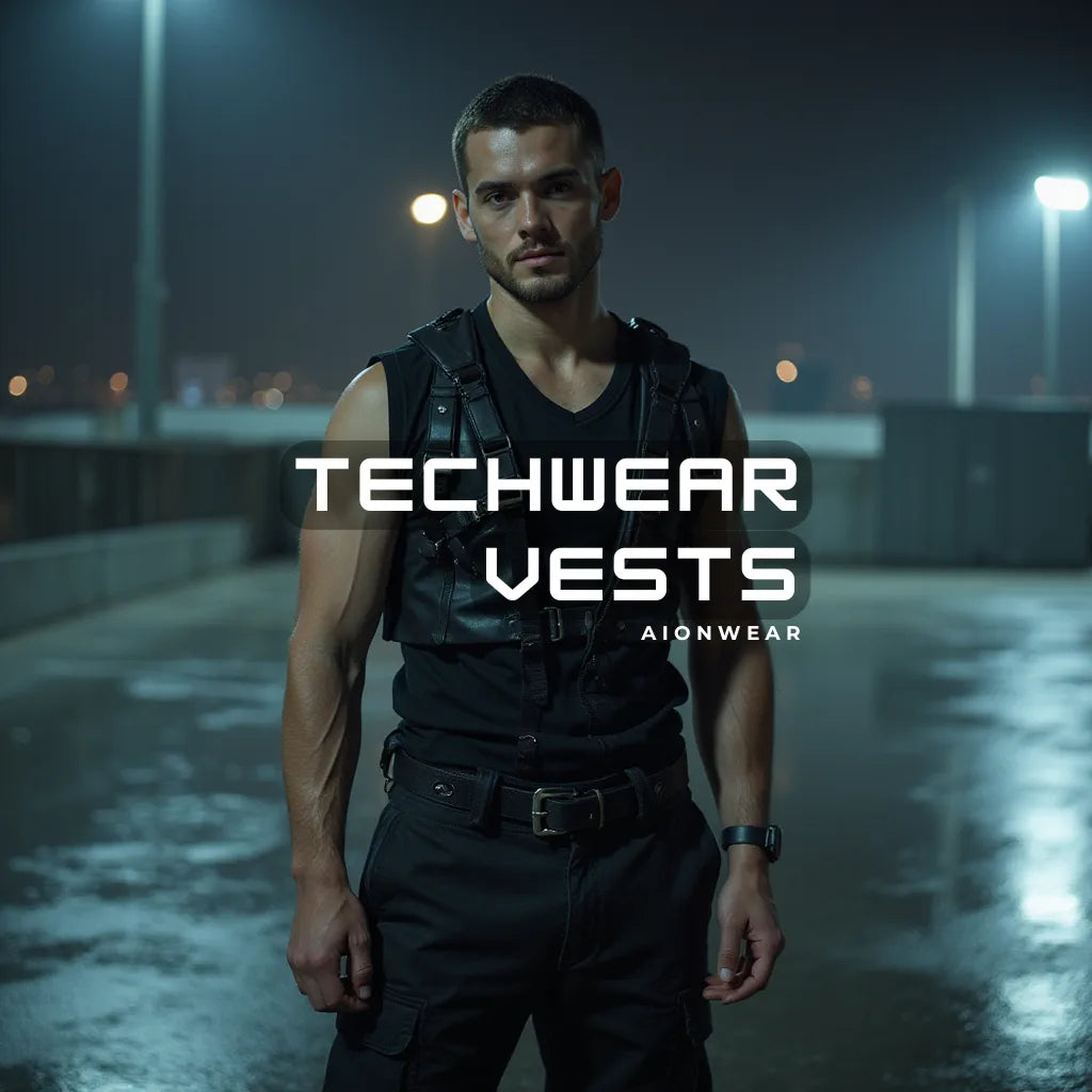 Aionwear model wearing a black futuristic techwear vest on a wet rooftop at night, showcasing tactical streetwear design.